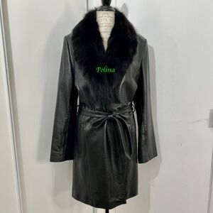 VINTAGE Women Kasper Genuine Leather Coat W/Real Fox Collar&leather soft belt SL